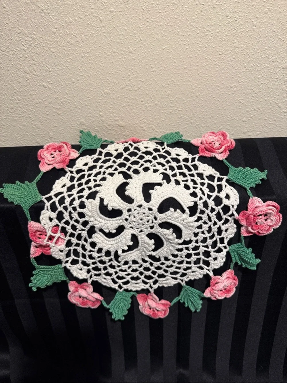 Handmade Irish Rose Crochet Doily with Multi-toned Pink Roses and Greenery